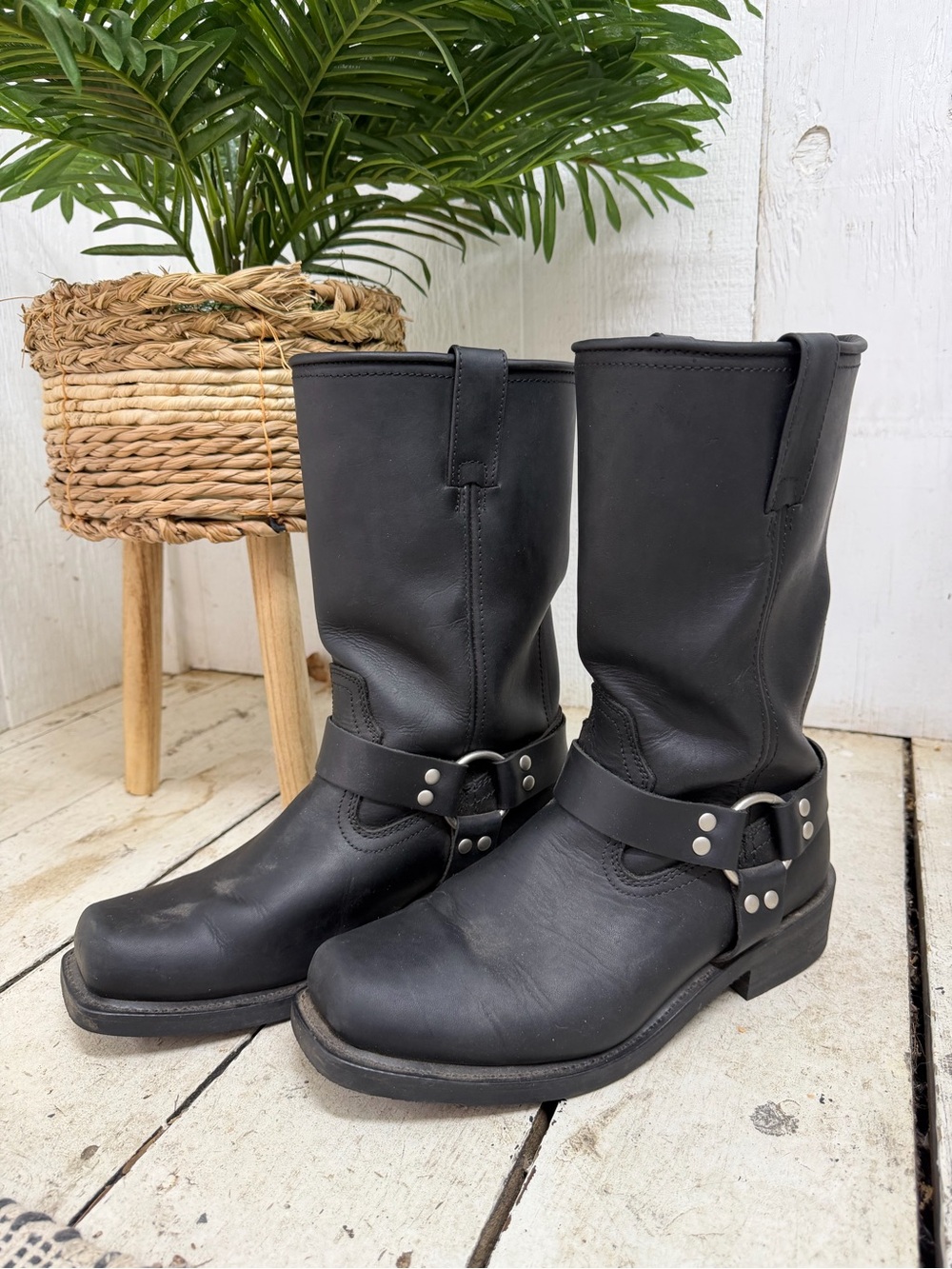 Men's Black Leather Harness Boots with Metal Stud Detail